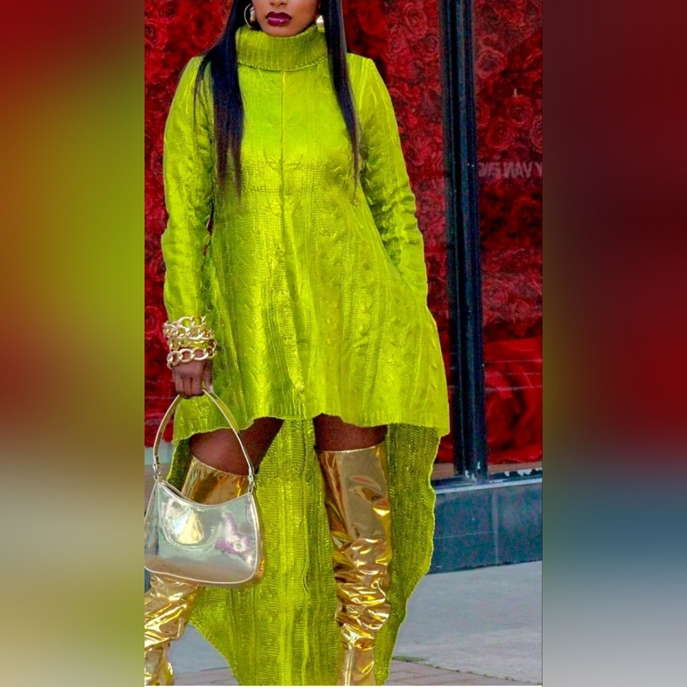 AKIRA Neon Lime High-Low Cable Knit Sweater Dress